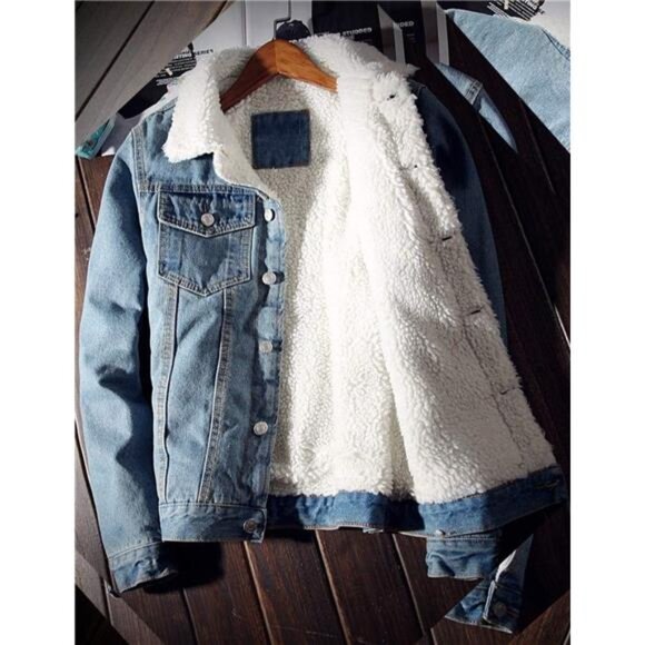 Mens Denim Jacket Sherpa Lined Jean Trucker Jacket Winter Coat Thick Warm - Picture 5 of 7